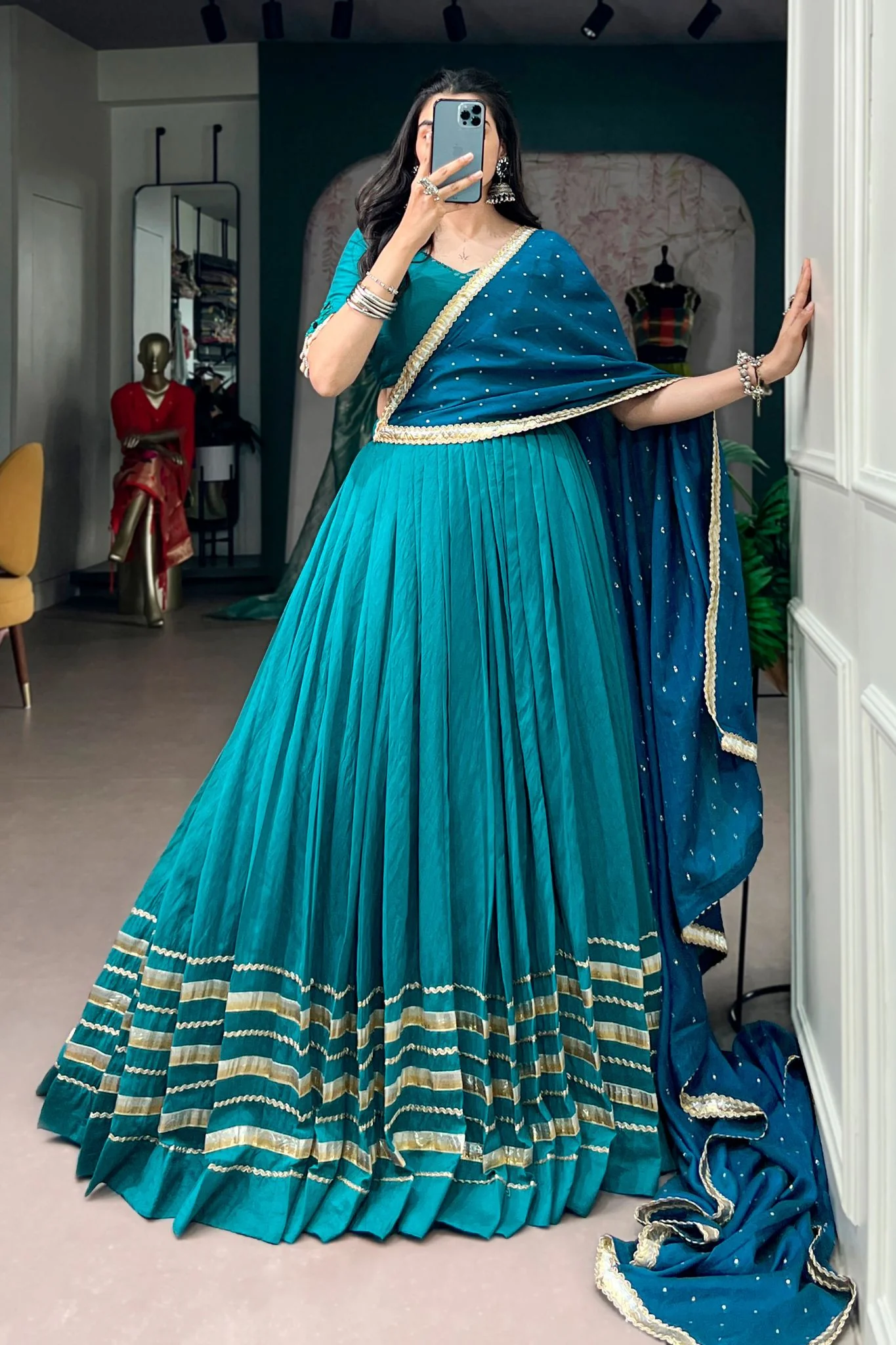 Raasrang Teal Blue Gota Patti designer Navratri Lehenga Choli With Dupatta